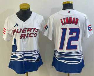 Women%27s Puerto Rico Baseball #12 Francisco Lindor 2023 White World Classic Stitched Jersey->2023 world baseball classic->MLB Jersey